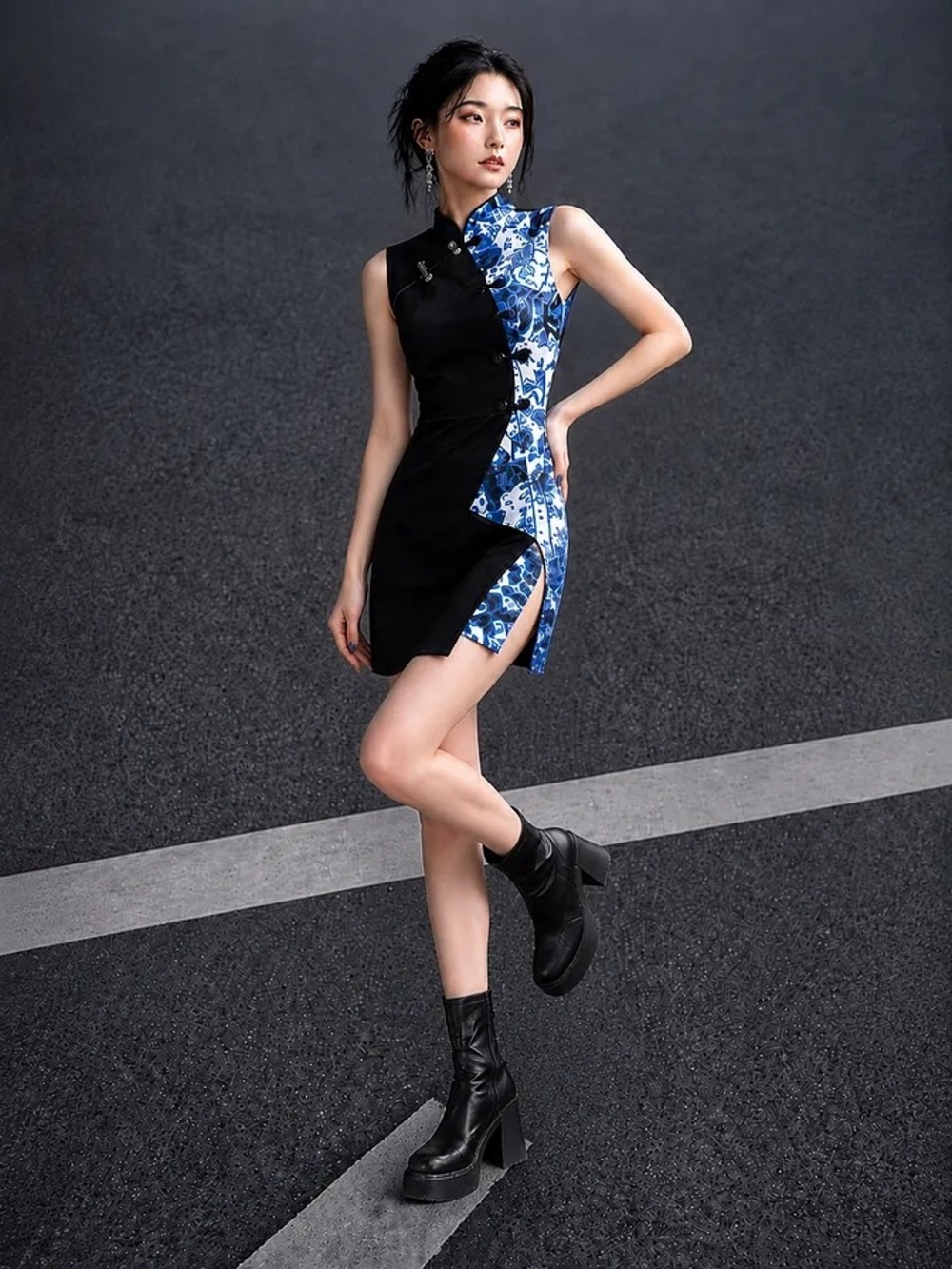 Black Mini Dress with Blue Floral Side Panel